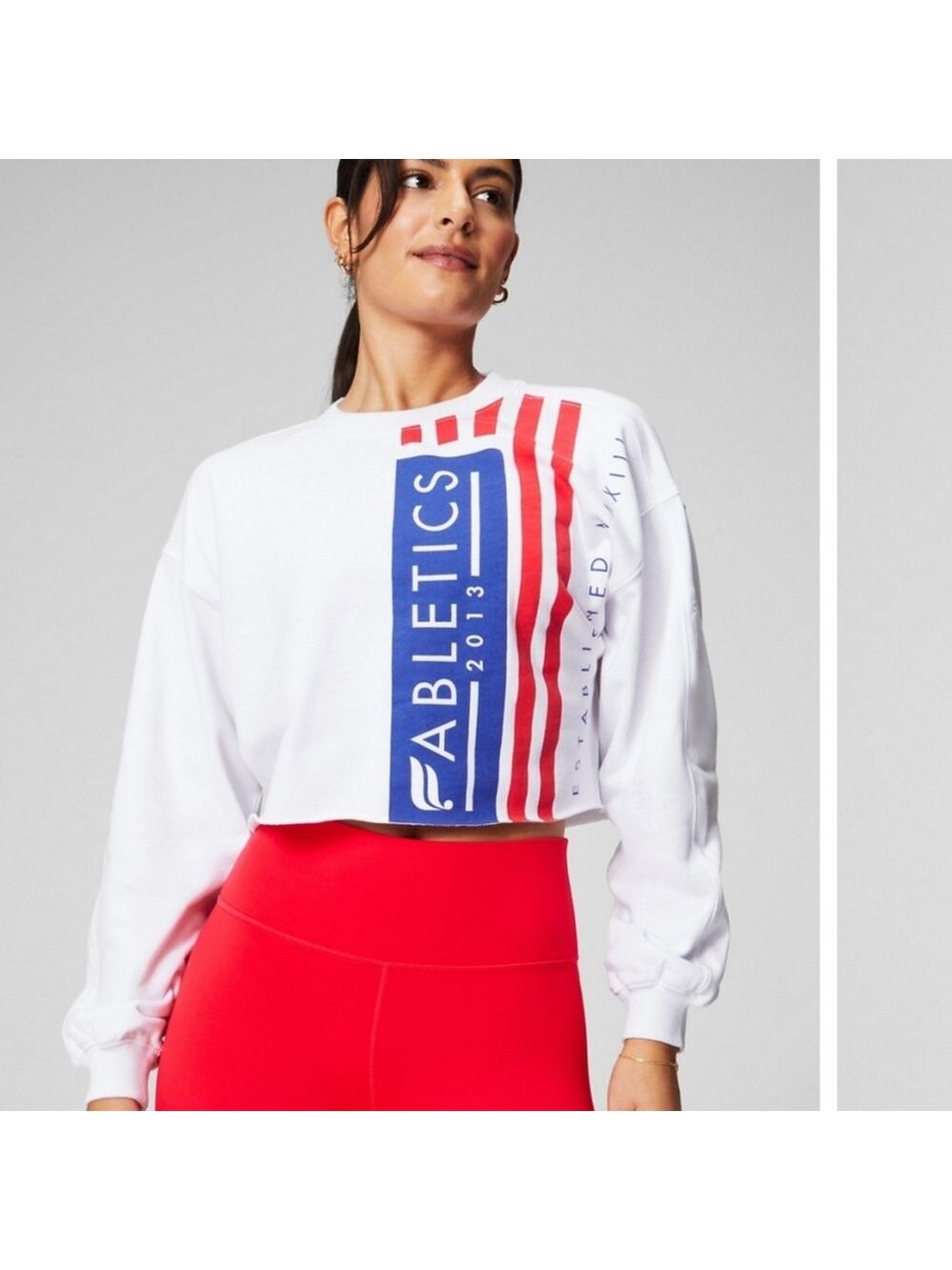 FABLETICS REBOUND TERRY CROPPED CREW FLAG SWEATSHIRT SIZE LARGE NWT
